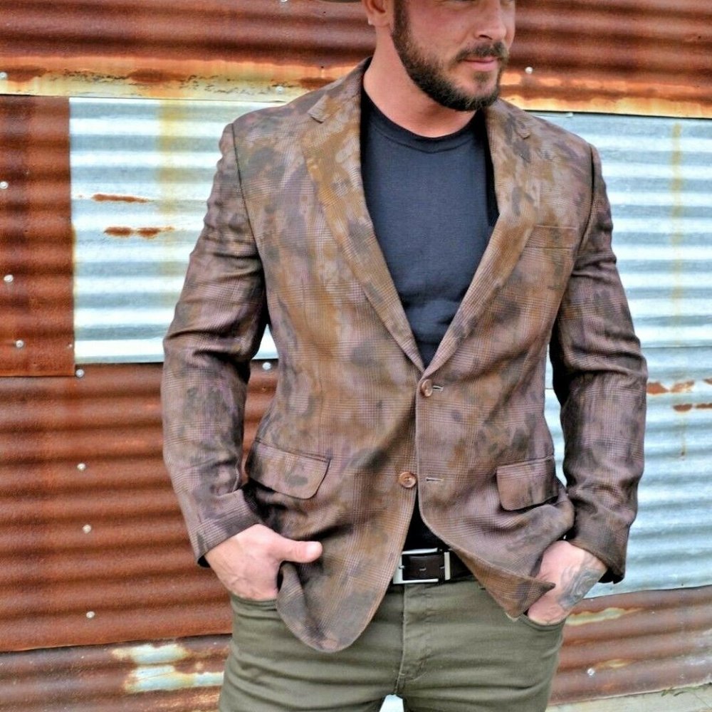 Ralph Lauren jacket large blazer camo tiedye tan brown black plaid sport coat 42
